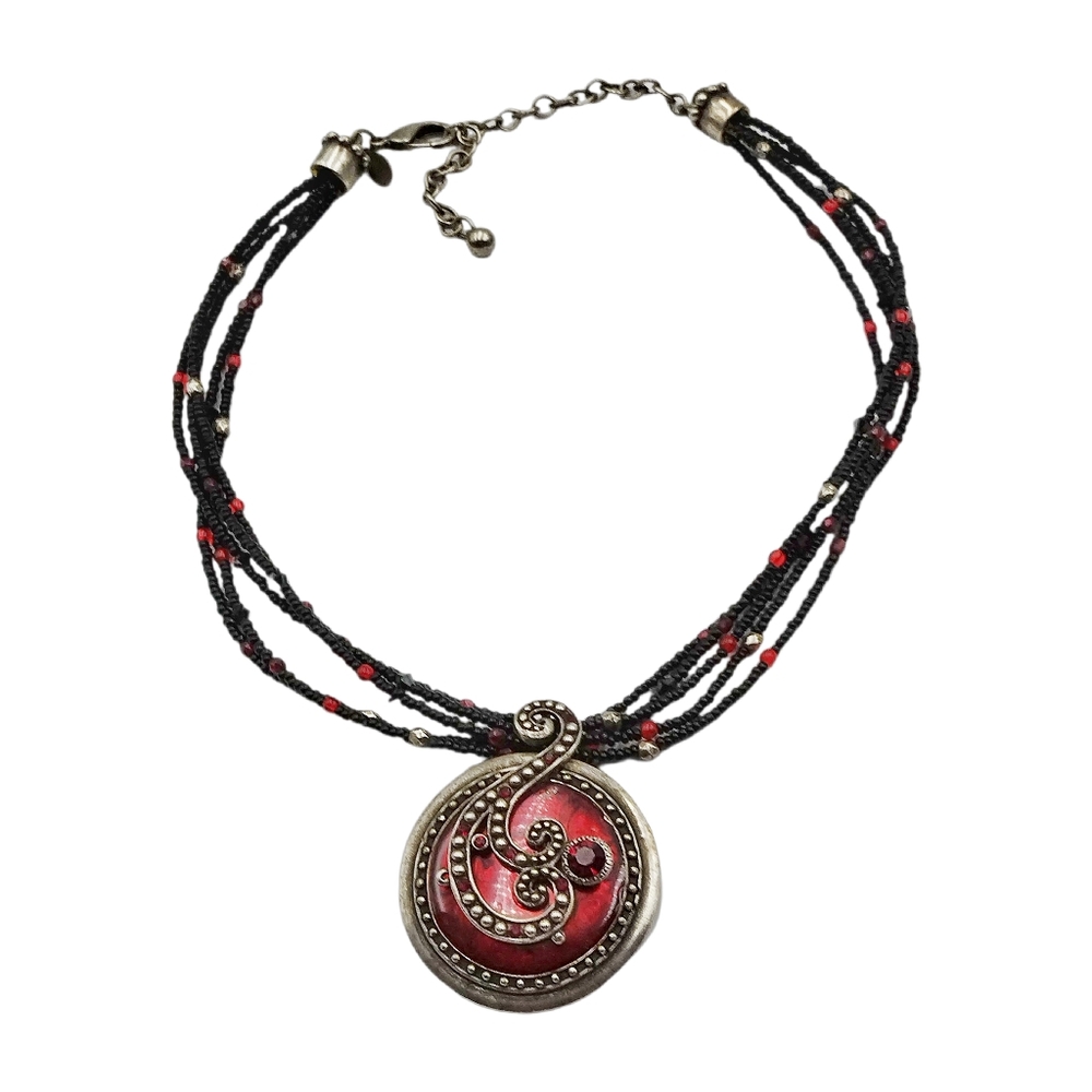 Chico’s Celtic Inspired Abstract Pendant with Ruby/Garnet Colors Stones Choker - Picture 3 of 5